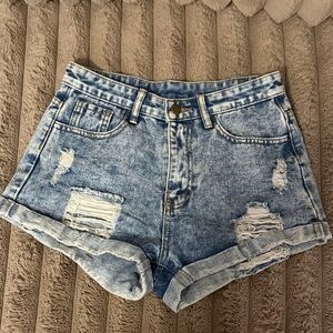 High-Rise Distressed Blue Denim Shorts